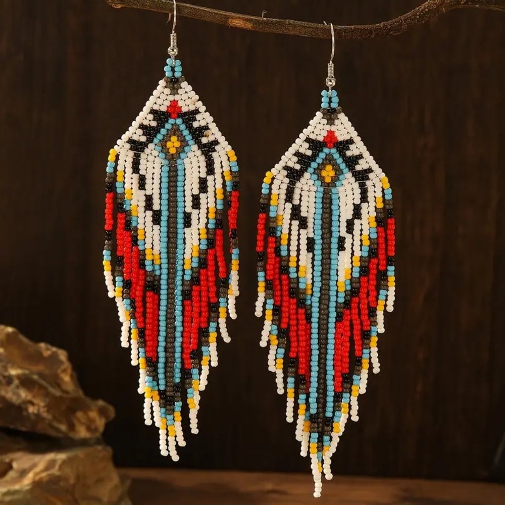 Beautiful Handmade Native Vintage Long Red Bead Tassel • Boho Earrings